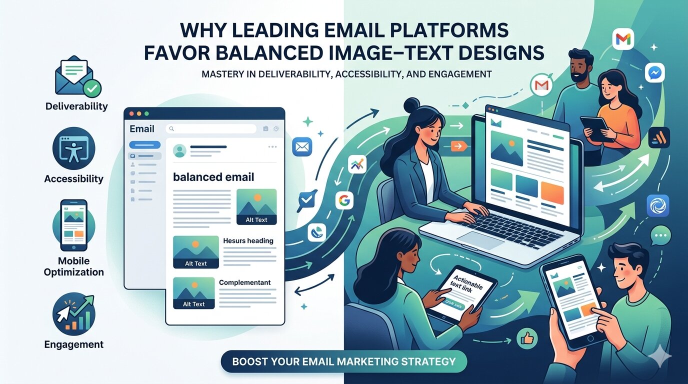Email layout sketch with balanced text and images on mobile and desktop