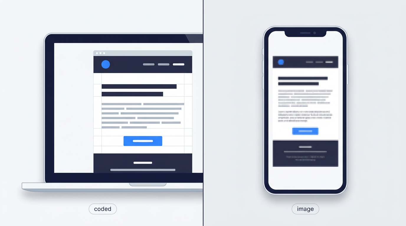 Side-by-side comparison of a coded email template with live text blocks versus a flattened image-based email layout