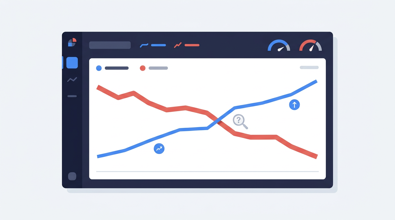 Two diverging line charts showing email-attributed revenue rising while total store revenue falls