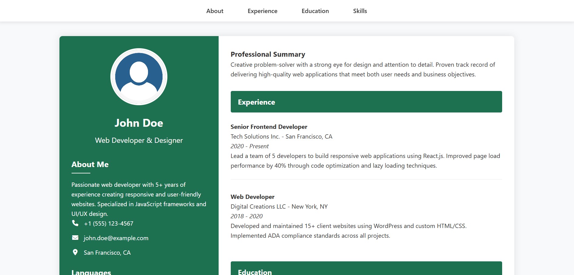 Dynamic resume template preview